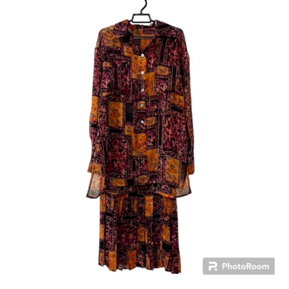 Womens Orange Red Printed Sheer Pleated Skirt & LS Button Down Top Set Sz XL/2XL